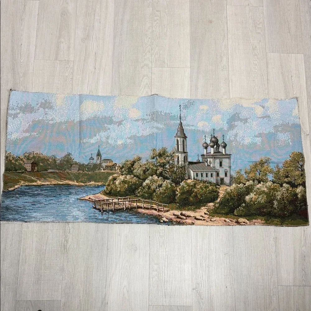 Vologda Russian Tapestry Wall Hanging Woven Landscape River Church 19.5x44.5